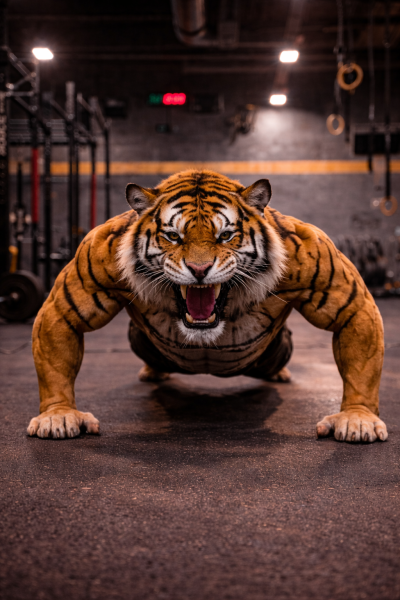 Image illustrant un personnage faisant un push up dans une salle de sport.